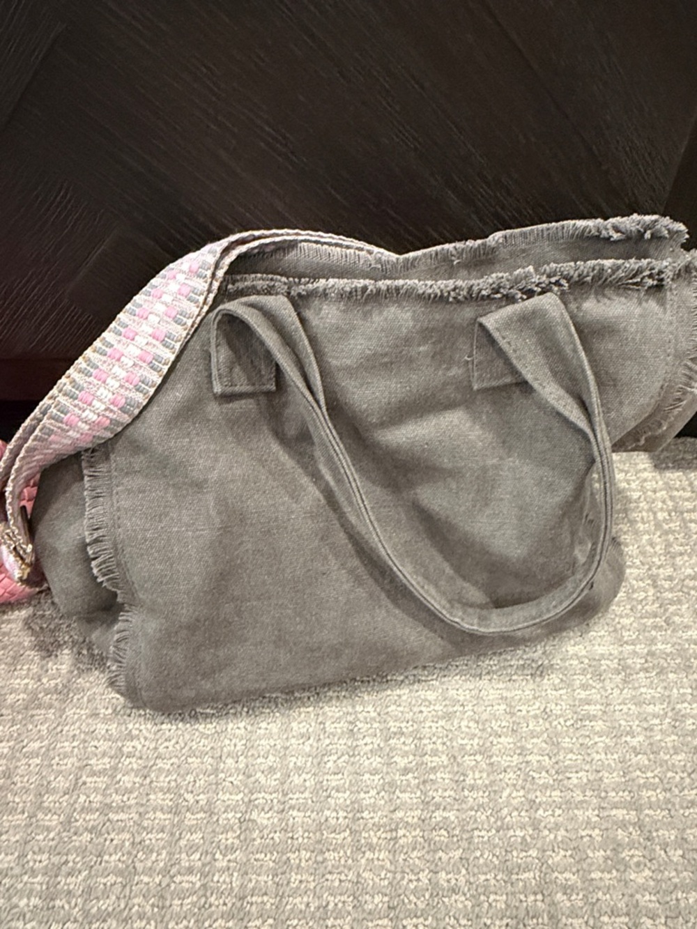 Gray Canvas Tote with Pink Accent Strap
